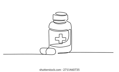 Dibujo de línea continua de una botella de medicamento y píldoras derramadas. Un concepto dibujado a mano para farmacia y atención médica. Ilustración vectorial minimalista.