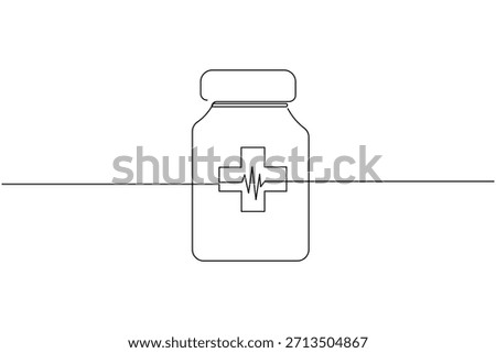 Continuous line drawing of a medicine bottle with medical cross symbol and heartbeat
