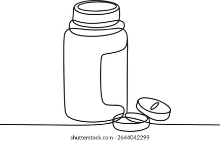 continuous line drawing of a medicine pill bottle with two pills on a horizontal line