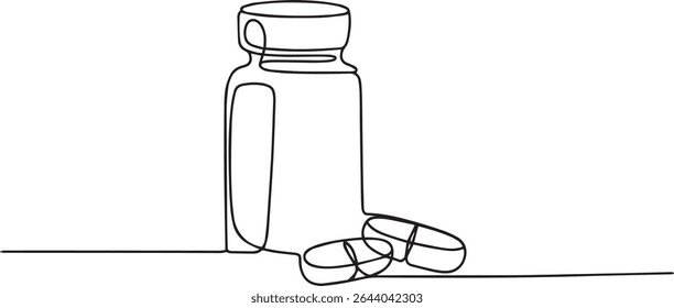continuous line drawing of a medicine pill bottle with two pills on a horizontal line