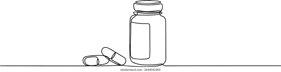 continuous line drawing of a medicine pill bottle with two pills on a horizontal line
