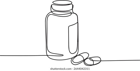 continuous line drawing of a medicine pill bottle with two pills on a horizontal line
