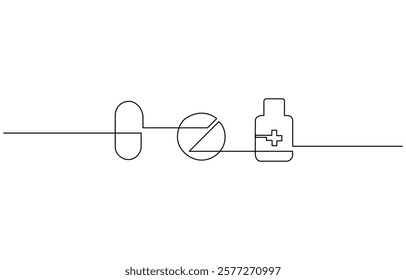 Continuous Line Drawing of Medicine Pills Icon. Hand Drawn Symbol Vector Illustration, One Continuous Line Drawing of Medicine Pill Icon. Single Line Vector Illustration.