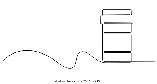 Continuous Line Drawing of Medicine Pills Icon. Hand Drawn Symbol Vector Illustration, Continuous one line drawing jar with pills. Tablets and pills. Bottle of medicine, Continuous one line drawing.