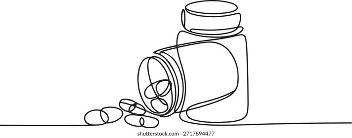 Dibujo de línea continua del icono de píldoras de medicina. Ilustración vectorial dibujada a mano del símbolo, frasco continuo del dibujo de una línea con las píldoras

