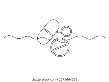 Continuous line drawing of medicine set with pills pharmaceutical components vector illustration