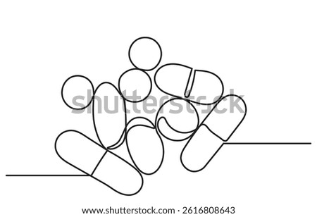 Continuous line drawing of medicine.Isometric single-line drawing of capsules and pills, including painkillers, antibiotics, vitamins, and aspirin in a modern minimal style.