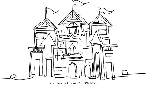 Continuous line drawing of the Medieval castle building black and white, city sights, design icons. Landscape. Vector  illustration.