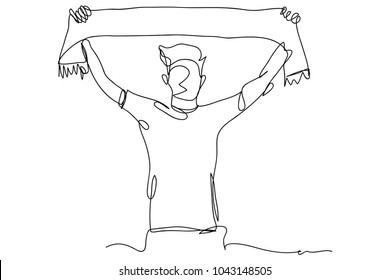 continuous line drawing of men cheering football with illustrated fabric