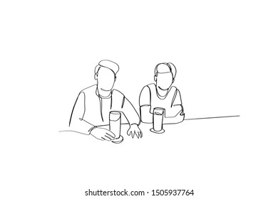 Continuous line, drawing of men drinking. Celebrating. Talking. Colleagues.
Design style hand drawn vector illustration