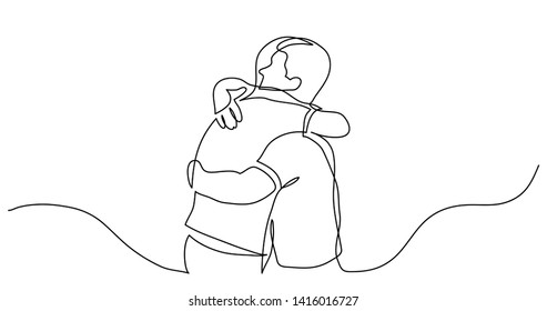 continuous line drawing of men friends hugging each other