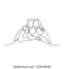 continuous line drawing of men friends hugging each other