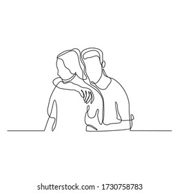 continuous line drawing of men friends hugging each other