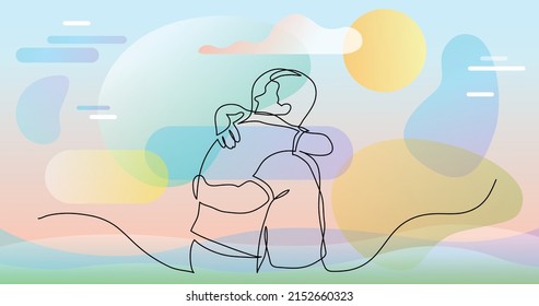 continuous line drawing of men friends hugging each other