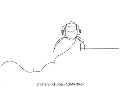 continuous line drawing of men listening to music with headphones vector illustration