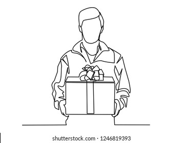 Continuous line, drawing of men sending happy gifts.
Simple lines