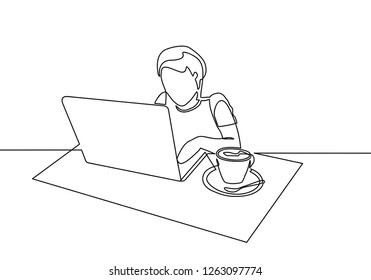 continuous line drawing of men sitting and watching laptop computer. men work at the computer. Vector illustration