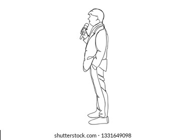 Continuous line drawing of men standing with a microphone