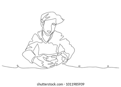 Continuous line drawing of men using mobile network Contact