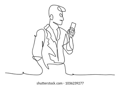 continuous line drawing of men using mobile Vector Illustration