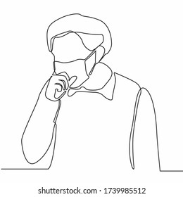 El dibujo continuo de líneas de los hombres lleva máscaras para evitar que se produzcan virus y aire sucio aislado en un fondo blanco. 