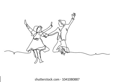 continuous line drawing of men and women jumping Happily wedded wedding concept Valentine Vector.