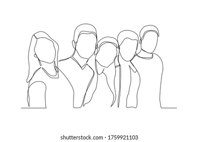 Continuous line drawing of men and women embrace together in friendship. Vector illustration