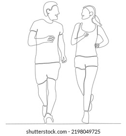 
continuous line drawing of men and women by the morning vector illustration