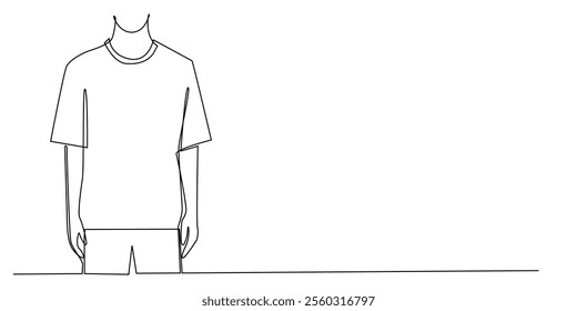 continuous line drawing of men's t-shirt model. one line drawing of a man looking half his body in a T-shirt, advertisement for the sale of men's t-shirts. men's t-shirt shop. single line vector 