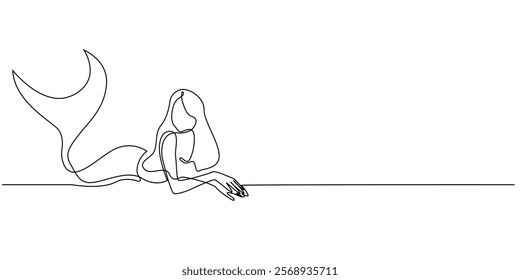 continuous line drawing of mermaid.one line drawing of mermaid fantasy character children's story.single line vector illustration.isolated white background