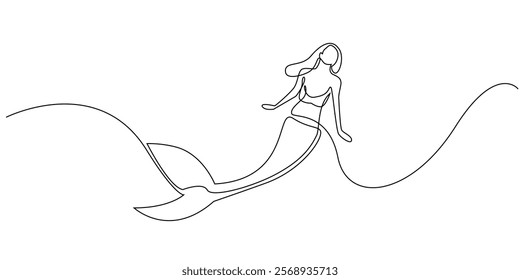 continuous line drawing of mermaid.one line drawing of mermaid fantasy character children's story.single line vector illustration.isolated white background