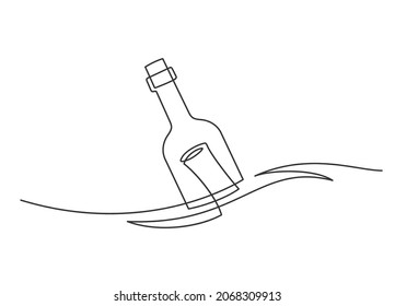 Continuous line drawing of message in bottle. Bottle in sea. Vector illustration