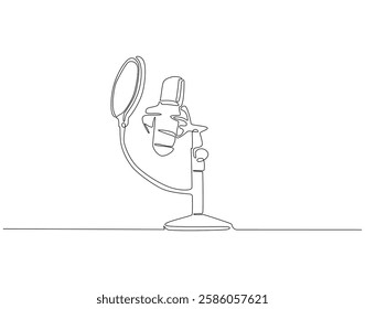 Continuous line drawing of microphone. Single line illustration of modern microphone. Podcast, broadcasting concept. Editable outline