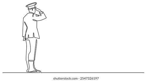 continuous line drawing of military salute.one line drawing of military personnel performing salute.man in military uniform performing salute.single line vector illustration