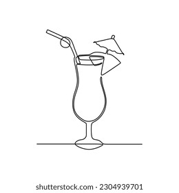 continuous line drawing of milky cocktail in glass with lemon slice