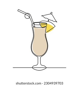 continuous line drawing of milky cocktail in glass with lemon slice