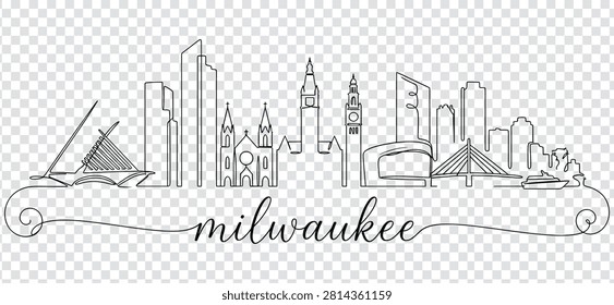 Continuous line drawing of the Milwaukee city skyline, featuring iconic landmarks and architecture, elegant minimalist design for travel and tourism.