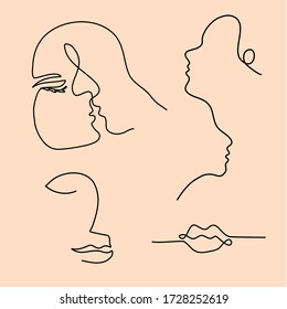Continuous line drawing minimal style on orange peach color background, vector art design for decoration, face collection