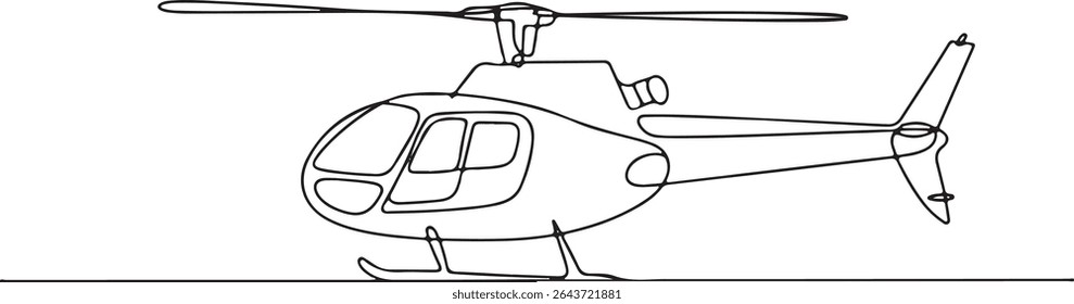 Continuous line drawing of a minimalist helicopter in side profile view with rotor and tail details

