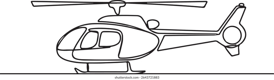 Continuous line drawing of a minimalist helicopter in side profile view with rotor and tail details

