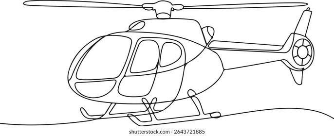 Continuous line drawing of a minimalist helicopter in side profile view with rotor and tail details

