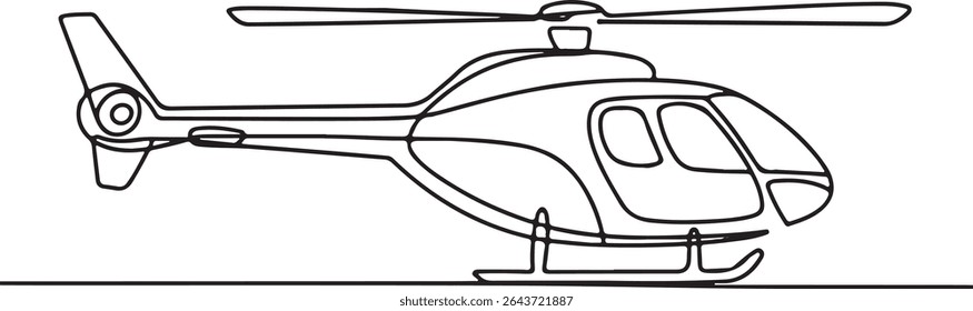 Continuous line drawing of a minimalist helicopter in side profile view with rotor and tail details

