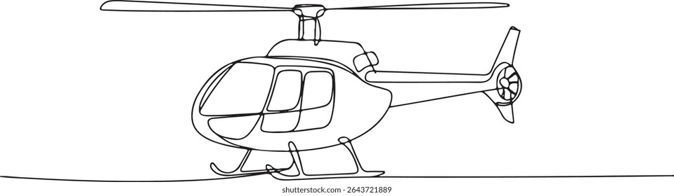 Continuous line drawing of a minimalist helicopter in side profile view with rotor and tail details

