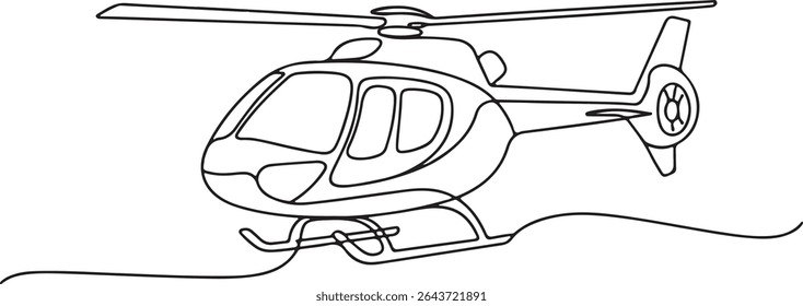 Continuous line drawing of a minimalist helicopter in side profile view with rotor and tail details

