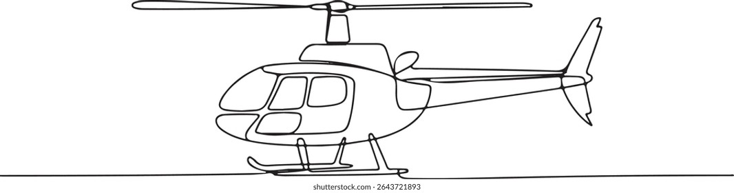 Continuous line drawing of a minimalist helicopter in side profile view with rotor and tail details

