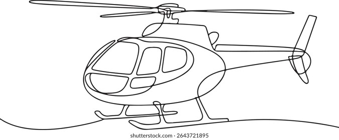 Continuous line drawing of a minimalist helicopter in side profile view with rotor and tail details

