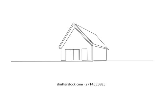 Durchgehende Linienzeichnung eines minimalistischen Hauses mit sauberen Formen, die modernes Leben, Einfachheit und Komfort symbolisieren. Einzeilige Illustration geeignet für Architektur und Wohndesign.