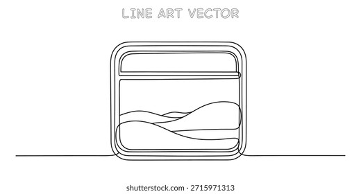 Continuous line drawing of a minimalist landscape with rolling hills inside a modern rounded rectangular frame. Simple abstract nature view. Vector illustration