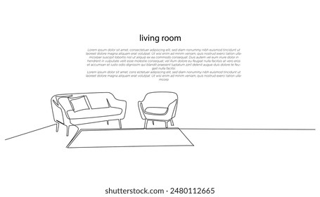 Durchgehende Strichzeichnung eines minimalistischen Wohnzimmers.Eine Strichzeichnung eines Sofas Stuhl im Wohnzimmer.Einzeilige Vektorillustration.Isolierter weißer Hintergrund