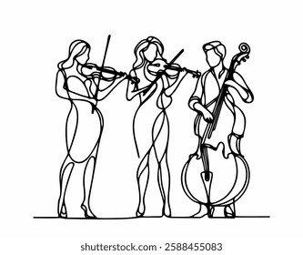 Continuous line drawing minimalist musicians violinists cellist ensemble